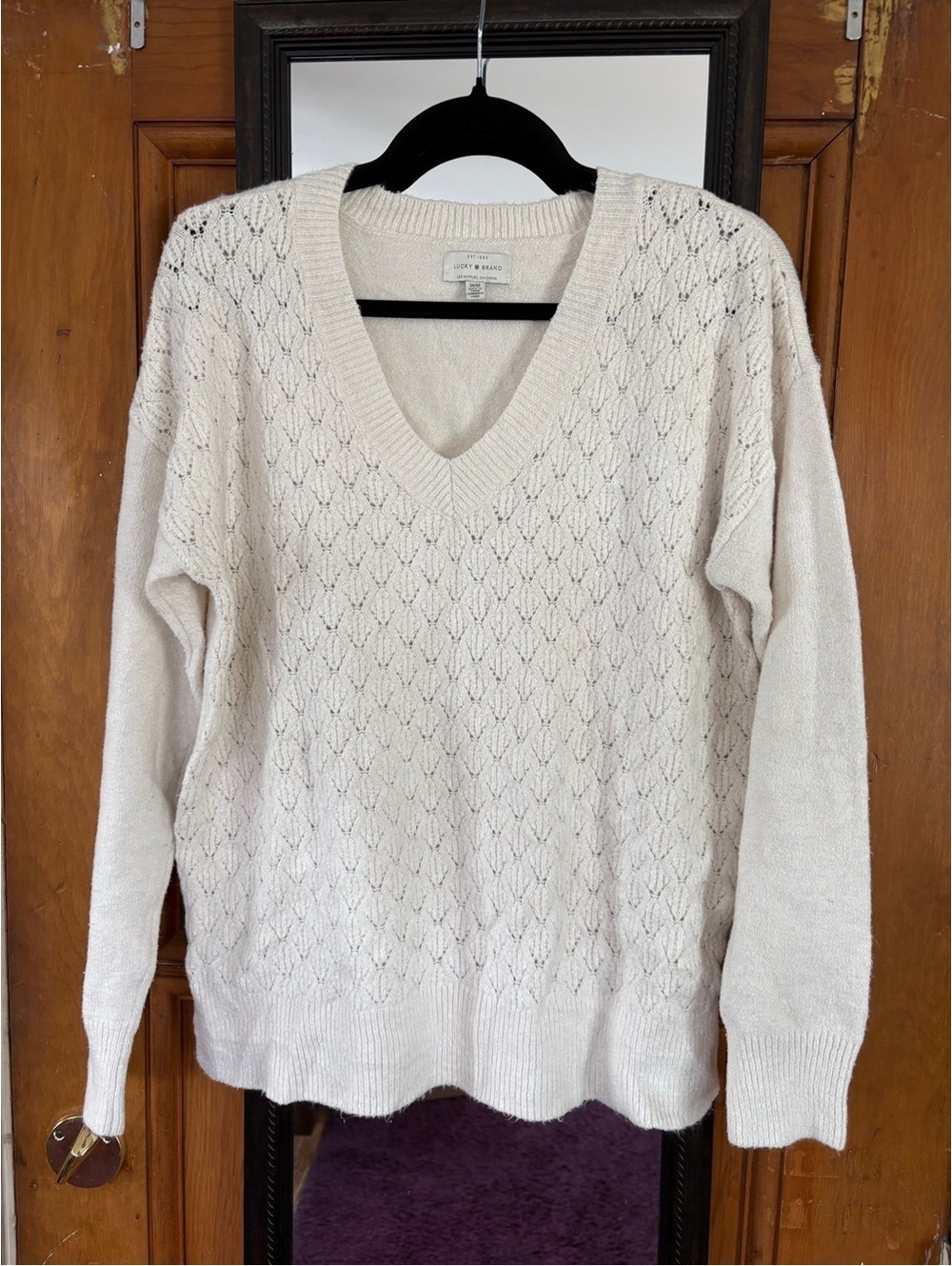 Lucky Brand Women's Medium Cream Pointelle V-Neck Knit Pullover Sweater M